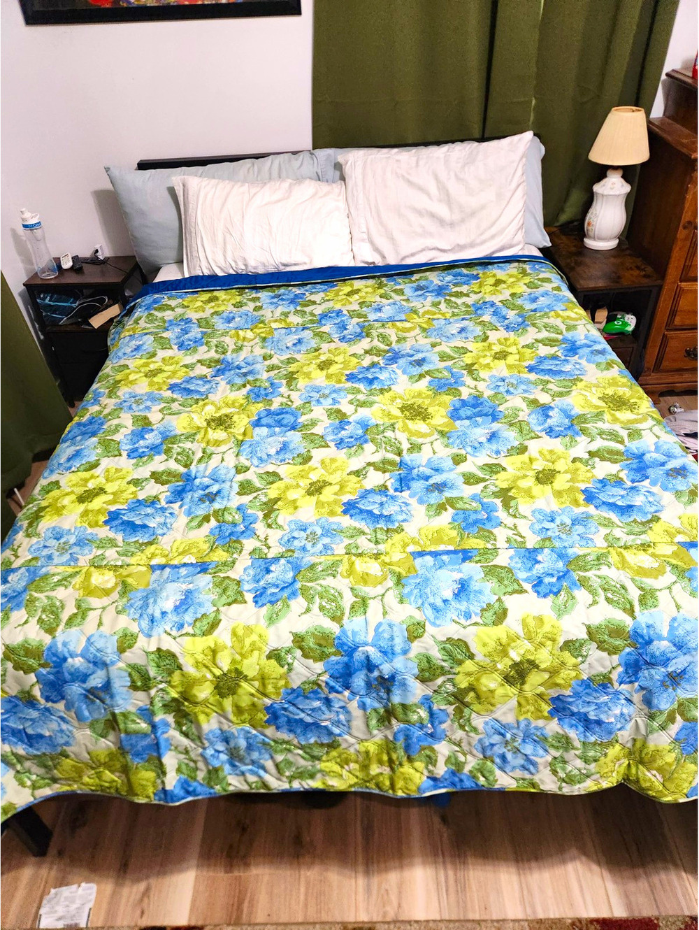 Vintage 1960s–70s Quilted Floral Bedspread Blanket 78" x 105" Blue Green Yellow